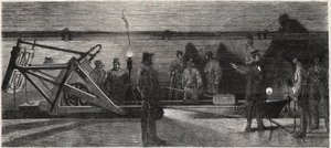 Les egouts de Paris: en "spylebåt"" brukt til å rense oppsamlerkloakken - Gravering fra "Le Monde Illustré"" av Unknown artist