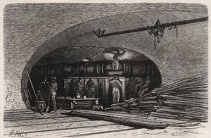 Kloakkene i Paris: bøyning av røret nær Saint Michel-broen (Saint-Michel), place du Chatelet - Gravering i "" Le Monde Illustré"" av Unknown artist