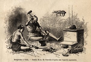 La oss smeder foran smia deres i Yedo (eller Edo, den keiserlige hovedstaden, dagens Tokyo). Gravering for å illustrere reisen til Japan, i 1863-1864, av Aime Humbert, minister for det sveitsiske konføderasjonen, i "" Le tour du monde, nouveau journal des  av Unknown artist
