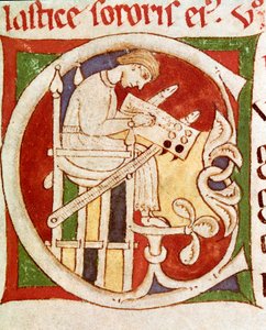 Bokstaven C prydet med en munk som skriver på et skrivebord. Miniatyr fra "" Vitae sanctorum"" (De helliges liv) Coimbre fra 1100-tallet, universitetsbiblioteket av Unknown artist