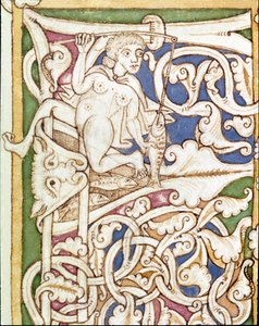 Lettrine P decoree av representasjonen av en kvinne som fisker en fisk. Miniatyr fra en bibel (Gamle Testamentet) (Ms 3088) Coimbra fra 1100-tallet, Universitetsbiblioteket av Unknown artist