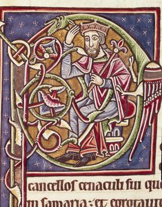 Lettrine P dekorert representasjonen av kongen av landet Moab Miniatyr fra en bibel (Ms 3088) 12. århundre Coimbra, bibliotheque of the University av Unknown artist