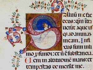 Lettrine S: David in the Deep Light - Antiphonary fra 1400-tallet. Kommunal Bibl. av Rimini. av Unknown artist