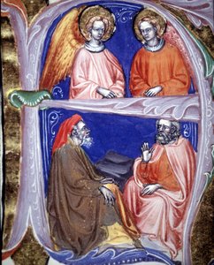 Lettrine som representerer engler og filosofer som diskuterer - i De civitate dei de St Augustine. 1300-talls manuskript. Kommunal Bibl. av Rimini. av Unknown artist