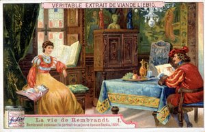 Liebig-kromolitografi om livet til Rembrandt (1606 - 1669), nederlandsk maler. Her tegner portrettet av sin unge kone Saskia i 1654. av Unknown artist