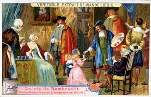 Liebig-kromolitografi om livet til Rembrandt (1606 - 1669) nederlandsk maler, her skildrer borgermester Jean Six i 1654. av Unknown artist