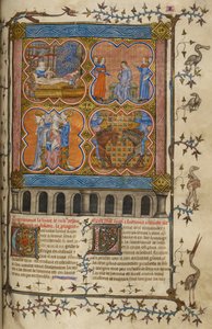 Livet til Julius Cæsar: fire miniatyrer som viser hans fødsel, skilsmisse, pontifikat og kamp med Pompeius; tekst med dekorerte initialer og kant med fugler og grotesker. av Unknown artist