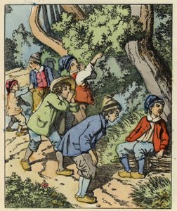 Little Poucet and his brothers lost in the forest abandoned by their parents. Illustration of the tale “” Le Pepetit Poucet”” by Charles Perrault av Unknown artist
