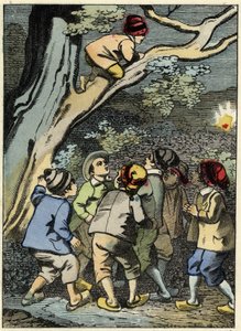 Lille Poucet klatrer på et tre og leter etter veien. Han plukker opp et lys i skogen. Illustrasjon av Charles Perraults fortelling "" Le Pepetit Poucet" av Unknown artist