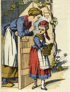 Lille Rødhettes mor gir sine siste anbefalinger om å dra til bestemorens hus. Illustrasjon av historien "Den lille rødhette" av Charles Perrault av Unknown artist