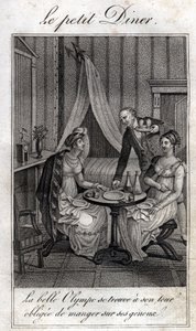 Liten middag. Olympe de Gouges (1748-1793), fransk kvinne med bokstaver og revolusjonær med Celine en av vennene hennes. av Unknown artist