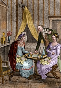 Little dinner. Olympe de Gouges (1748-1793), French woman of letters and revolutionary with Celine one of her friends. in “” Conseils a ma fille “” by Jean Nicolas Bouilly (1763-1842). 1820. Private collection. av Unknown artist