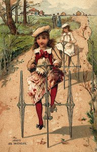 Little girls doing tricycles.Chromolithography around 1890. av Unknown artist