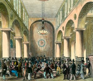 London Stock Exchange: Børs i London på 1800-tallet. Gravering. Privat samling. av Unknown artist