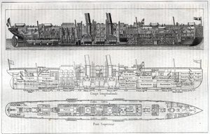 Lengdesnitt av foringen "" La Normandy"" som viser bygningens indre utforming. Samme seksjon med den forklarende legenden som viser plassen reservert for emigranter og den for varer og planen på øvre dekk. Gravering i "" La Na av Unknown artist