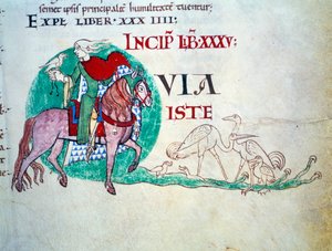 Herren har falkejakten. Miniatyr av middelalderen. Manuskript "Moralia in Job"" fra Citeaux Abbey for Gregoire Pope I av Unknown artist