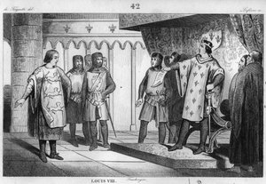 Louis VIII (1187-1226) Løven mottar en utsending fra sin fiende Henry III (1207-72) av England - Louis VIII dit "" Le Lion" (1187-1226), capetianernes dynasti, svarer med stolthet og ydmykhet til en utsending av kongen av England Henry III - Gravering av 1 av Unknown artist