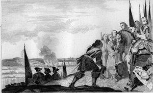 Louis XV (1710-74) at the Battle of Fontenoi in 1745 - War of Succession of Austria (1740-1748) - Maurice of Saxony, marechal of Saxony (1696-1750), victorious of the Battle of Fontenoy, meets King of France, Louis XV (1710-1774) - Engraving of 1825 in “Hi av Unknown artist