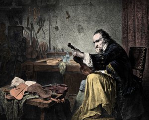 Luthier Stradivarius (Antonio Stradivari) (1644-1737) i verkstedet sitt. Gravering av Hammann. Fiolindesigner Antonio Stradivari (Stradivarius) at Work. av Unknown artist