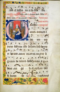 MS.McC.57. f.48r St. Anne troner, leser, Jomfru Maria med barnet sittende foran henne, initialer fra en antifon, sent på 1400-tallet av Unknown artist