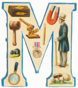 M: fyrstikker, magnet, klubbe, mikroskop, mus, medalje, mann, forstørrelsesglass, sopp (farge litho) av Unknown artist