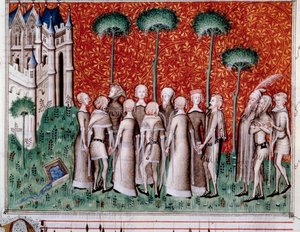 Machaut finner damen sin. Miniatyr fra et partitur i "Remede de Fortune"" (Folio 51) av Guillaume de Machaut (v. 1300-1377), ca. 1350-1355. av Unknown artist