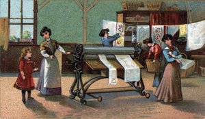 Machine ironator. (ironing). Chromolithography from the end of the 19th century. av Unknown artist