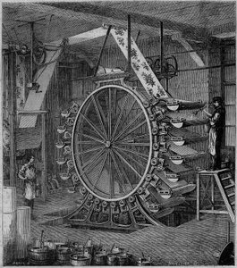 Maskintrykk tapet i tjue farger. Gravering i ""Industriens underverk, eller beskrivelse av de viktigste moderne industriene"" av Louis Figuier av Unknown artist