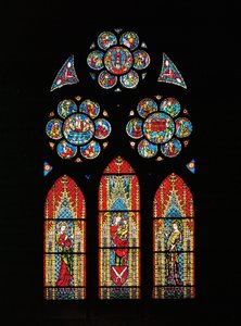 Madonna og barnet, den hellige Barbara og den hellige Katarina, på et vindu donert av skredderlauget (glassmaleri) av Unknown Artist