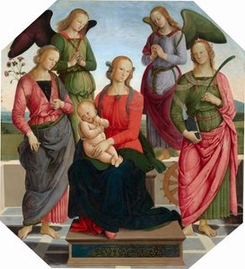 Madonna og barn med to engler, Saint Rose og Saint Catherine av Alexandria, sent på 1480-tallet–tidlig på 1490-tallet (olje på panel) av Unknown Artist