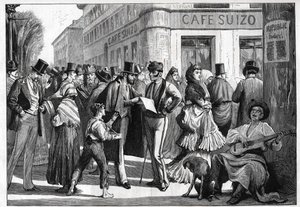 Madrid in 1873. Walkers at the corner of Seville Street and Alcala Street. Engraving from 1873. av Unknown artist