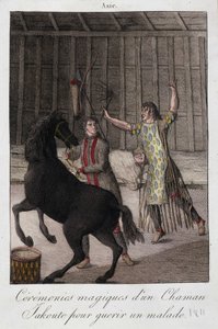 Magisk seremoni av en sjaman Yakoute (Yakoute) for å helbrede en syk (Sibir) - gravering, deb. 1800-tallet av Unknown artist