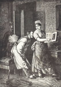 Hushjelp tar friheter og overhørt av husets elskerinne (litho) av Unknown artist