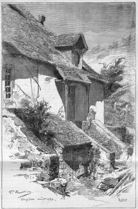 House of George Sand (Aurore Dupin, Baronne Dudevant) (1804-1876), fransk forfatter, i Gargilesse (Indre) ved bredden av Creuse i Frankrike. Gravering i ""The Illustrious World"" av Unknown artist