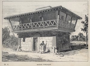 Maison etrusque (etruskisk hus) - gravering av 1889 i "History of human habitation at the Universal Exhibition of 1889, by Mr Charles GARNIER - Librairie centrale des beaux-arts Paris 1889 av Unknown artist