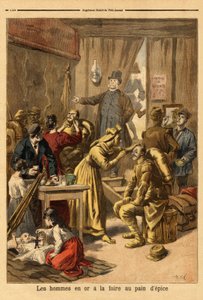 Makeup av skuespillere av et levende maleri "" menn i gull""" for pepperkakemessen. Gravering i "" Le petit journal"" 16.04.1894. Selvas samling. av Unknown artist