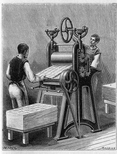 Making cards to play by old methods. Cylinder of playing cards. Engraving from 1893. av Unknown artist