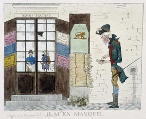 Mann uten krone foran cateringbutikken - gravering av Unknown artist