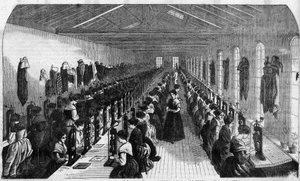 Produksjon av sementee-penn: arbeidere under realiseringen av pennespalten i et anlegg i Birmingham - Gravering i "" Le Journal Illustrous"" av Unknown artist