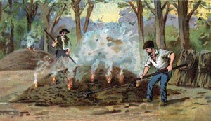 Manufacture of charcoal, combustion furnace. Chromolithography of the late 19th century av Unknown artist