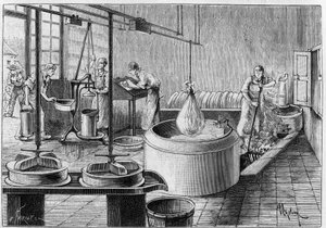 Produksjon av gruyere: en moderne ostefabrikk. Gravering i "" Nature: gjennomgang av vitenskapene og deres anvendelser på kunst og industri "" av 19. september 1891. av Unknown artist