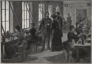 Produksjon av metallfjær: slipeverksted i Frankrike på 1800-tallet. Gravering fra 1885 i "" Les arts et metiers illustres"" av Adolphe BITARD. av Unknown artist