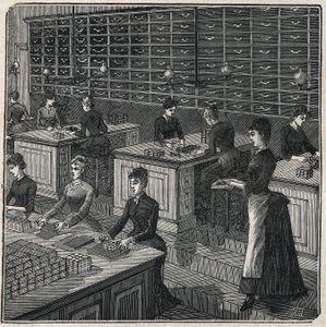 Produksjon av metallfjær: sortering og innpakning av fjær i en fabrikk i Frankrike på 1800-tallet. Gravering fra 1885 i "" Les arts et metiers illustres"" av Adolphe BITARD. av Unknown artist