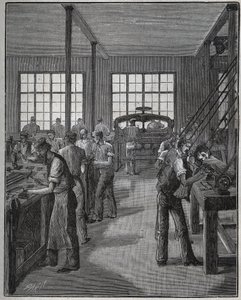 Produksjon av pennholder (penneholder) og blyantholder (blyantholder). Gravering fra 1885 i "" Les arts et metiers illustres"" av Adolphe BITARD. av Unknown artist