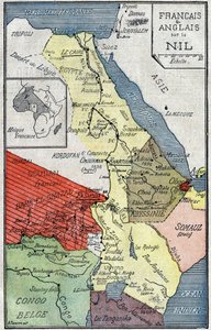 Kart over afrikanske territorier kolonisert av franskmenn og engelskmenn langs Nilen. Illustrasjon i "" Le Pelerin"" av 2. oktober av Unknown artist