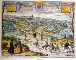 Kart over byen Sevilla i 1590. Nederst til høyre i bildet gjør folket i landsbyen narr av en hane på eselet sitt. av Unknown artist