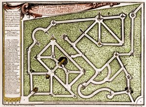 Kart over labyrinten i parken til slottet i Versailles, laget av Andre Le Notre (1613-1700). Gravering i "" La Nature. Revue des sciences et de ses applications aux arts et a l