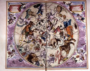 Kart over himmelen og dyrekretsen - faksimile av en gammel komposisjon som representerer stjernebildene på den nordlige himmelen, ifølge "Harmonia Macrocosmica" av André Cellarius av Unknown artist