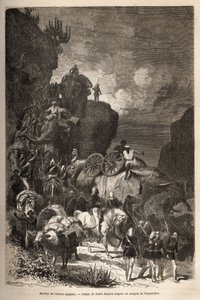 mars av den engelske hæren mot Dalanta-platået, etter troppene til keiser Theodoros (ca. 1818-1868), med elefanter for transport av artilleristykker. Gravering for å illustrere historien "" les captifs de Theodoros"", av doktor Henry Blanc av Unknown artist