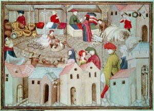 Marche de Champeaux i Paris Betail- og fjærfeforhandlere, drapere. Miniatyr hentet fra «The Wandering Knight» av Thomas de Saluces (Tommaso III di Saluzzo), ca. 1403-1404. Paris, B.N. av Unknown artist